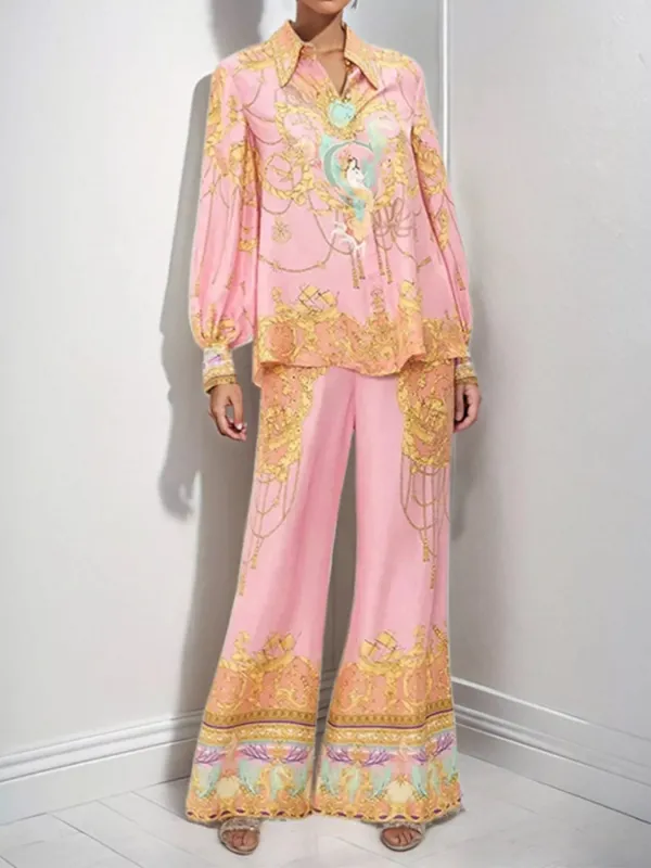 Printed Lantern Sleeve Top and Pants Set made by Trendsi