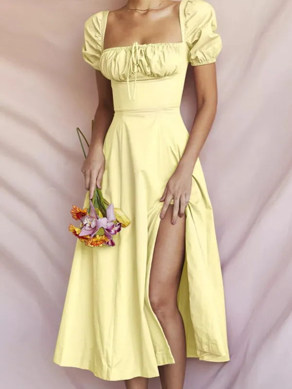 Puff Sleeve Tie Front Slit Midi Dress made by Trendsi
