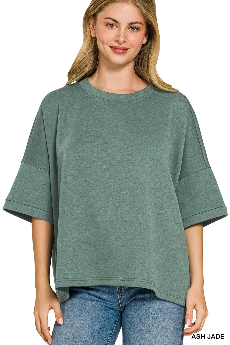Zenana Full Size Scuba Round Neck Top With Side Slits Plus Size sold by Charming Charlie