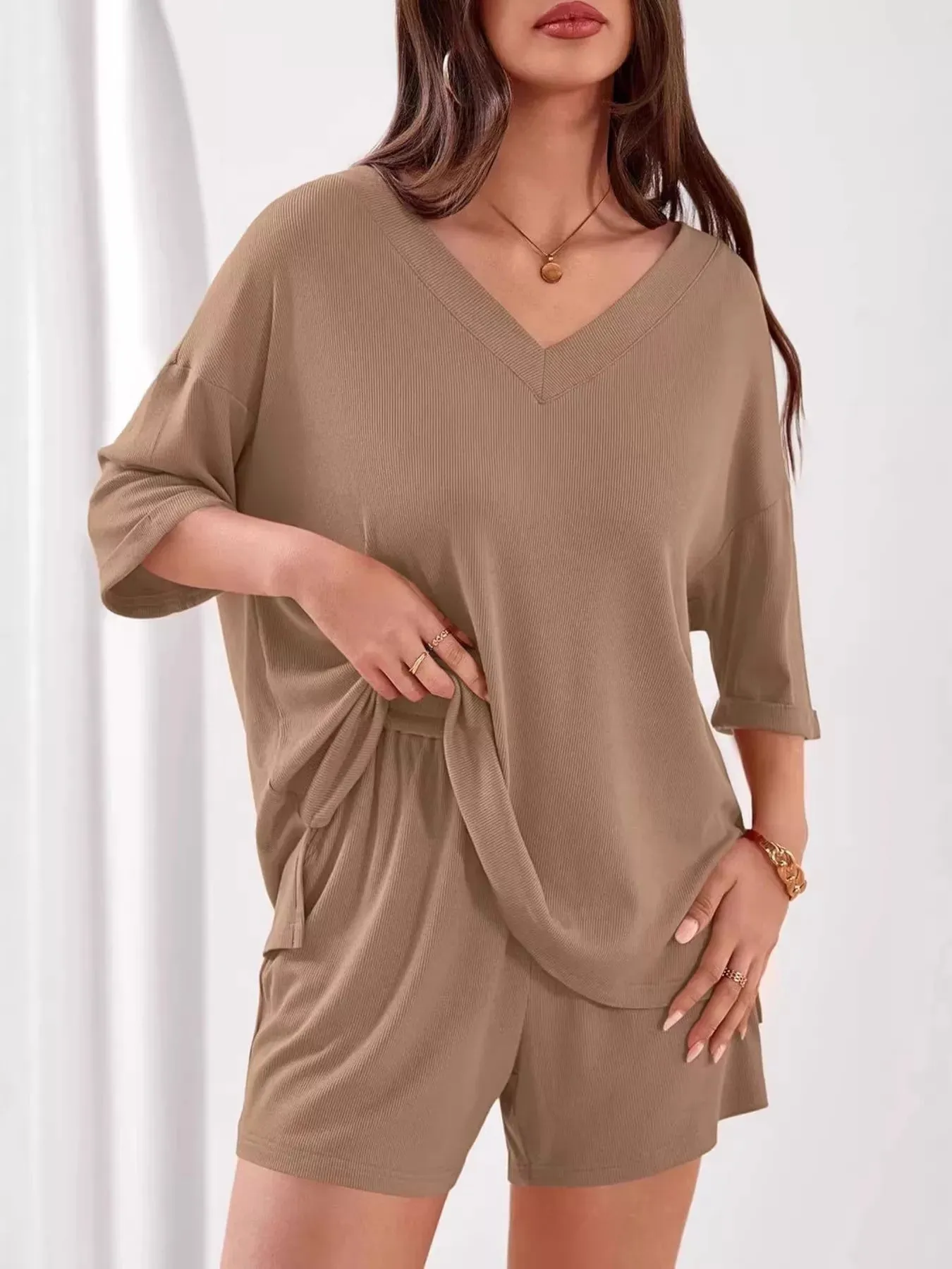 Casual Solid Color V-Neck Top & Shorts Set sold by Charming Charlie product image thumbnail 5