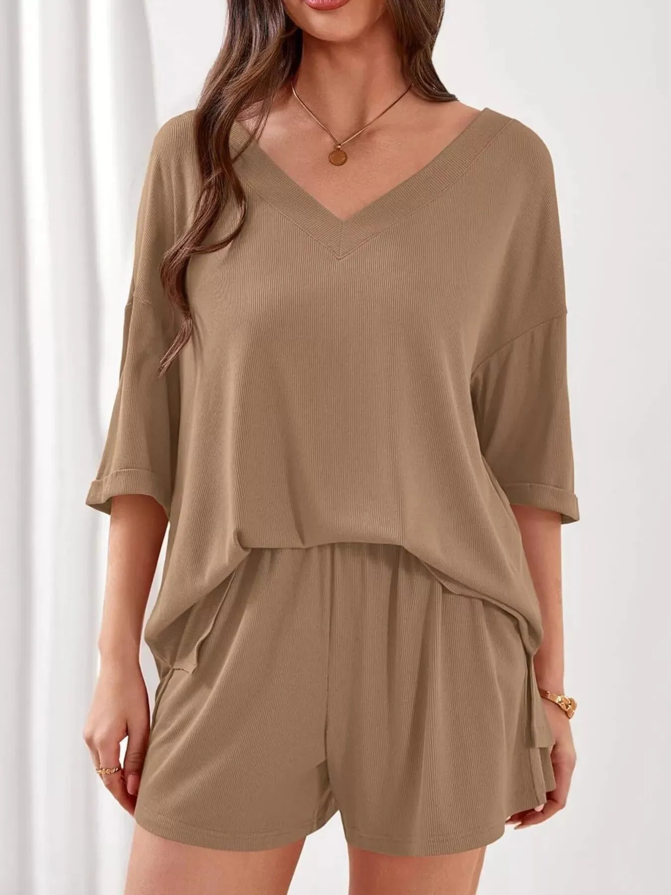 Casual Solid Color V-Neck Top & Shorts Set sold by Charming Charlie product image thumbnail 2