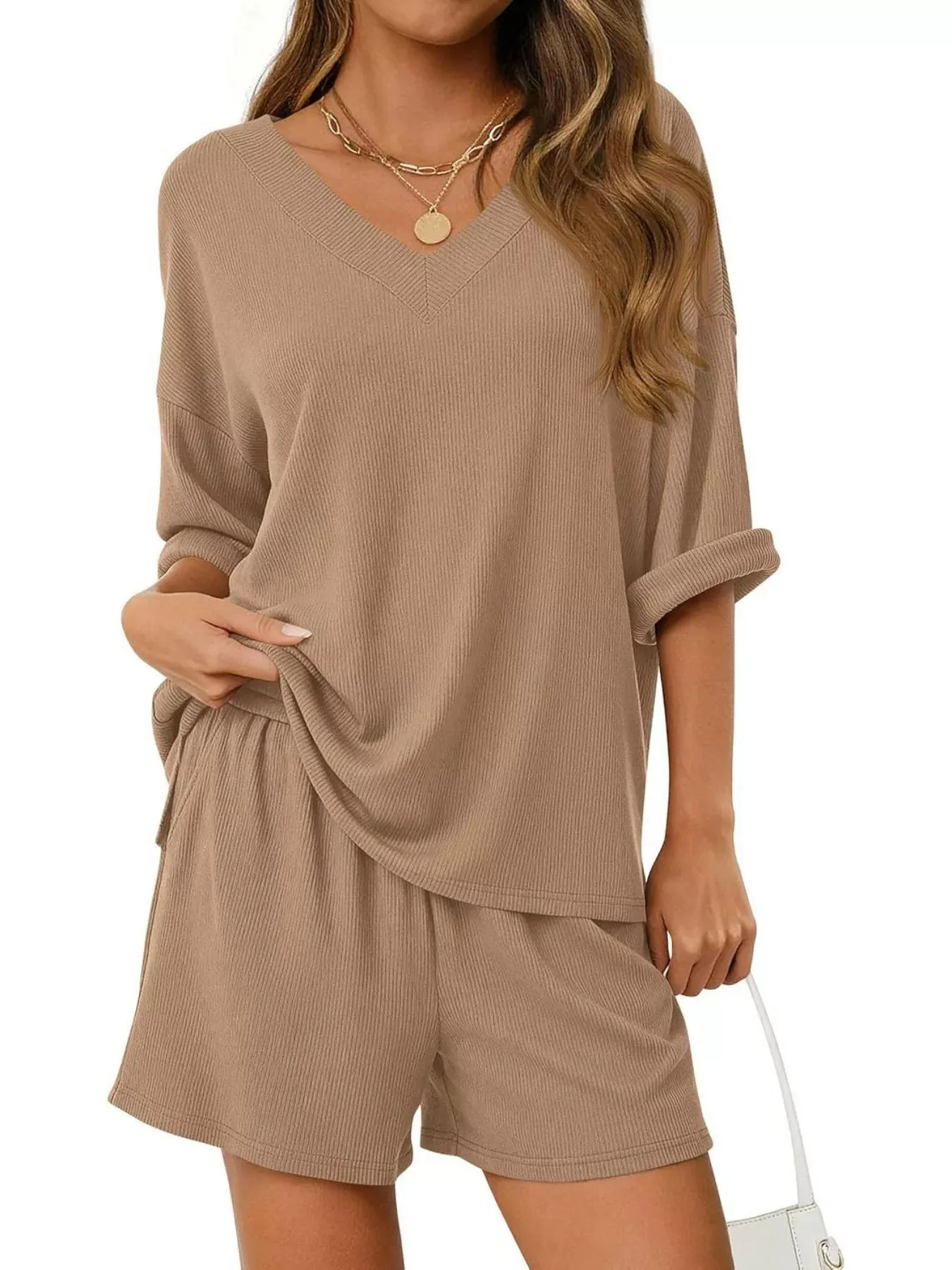 Casual Solid Color V-Neck Top & Shorts Set sold by Charming Charlie product image thumbnail 3