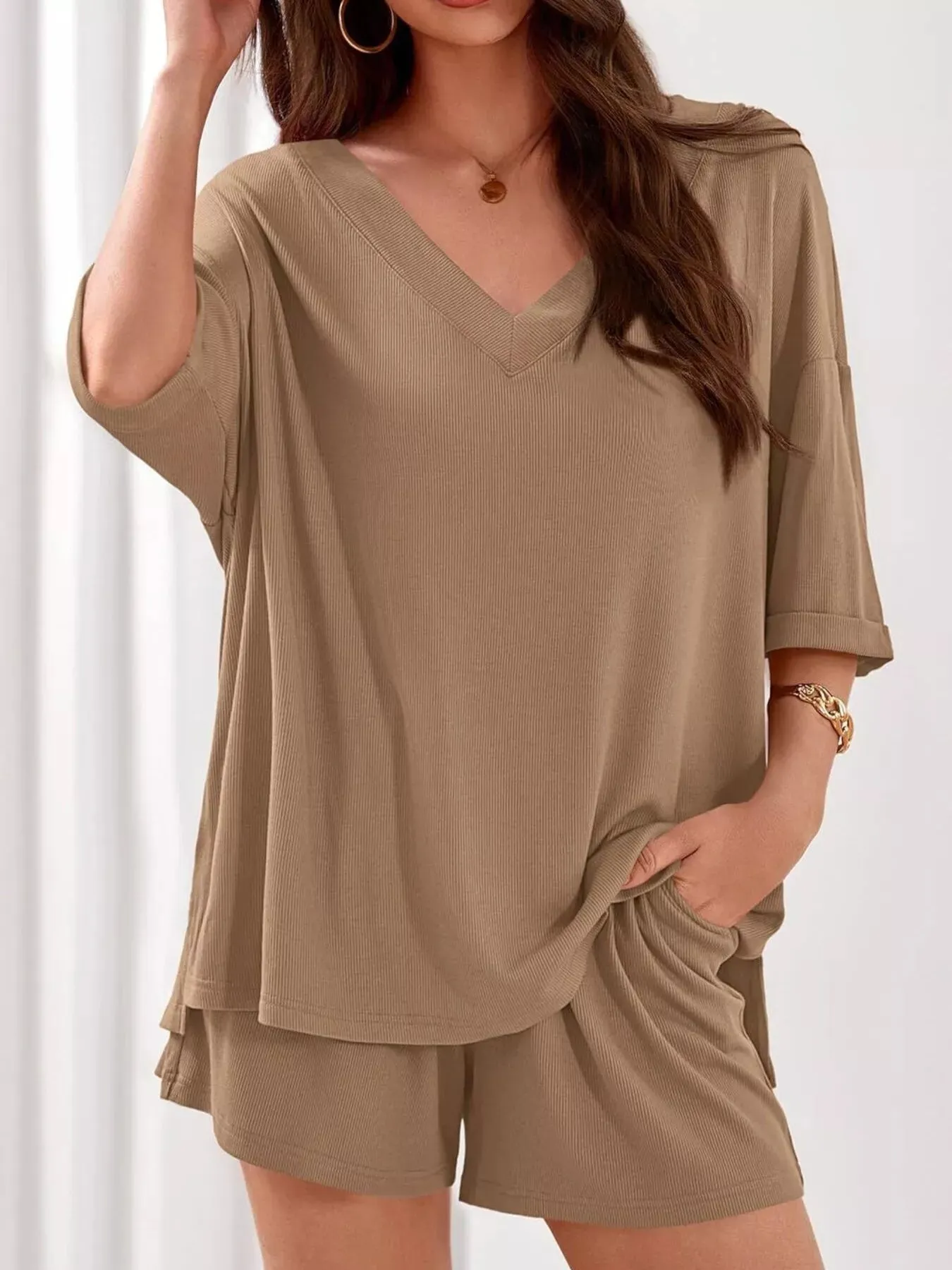 Casual Solid Color V-Neck Top & Shorts Set sold by Charming Charlie product image thumbnail 4