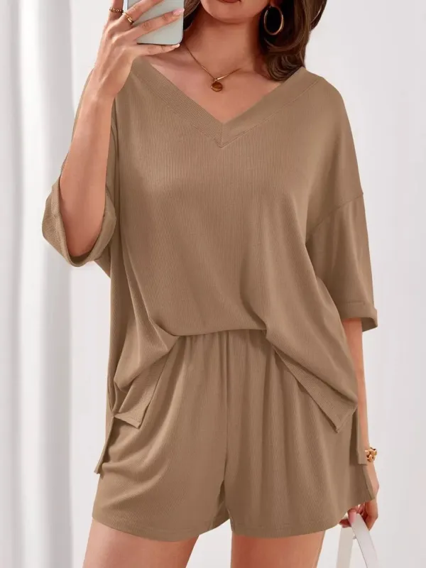 Casual Solid Color V-Neck Top & Shorts Set made by Trendsi