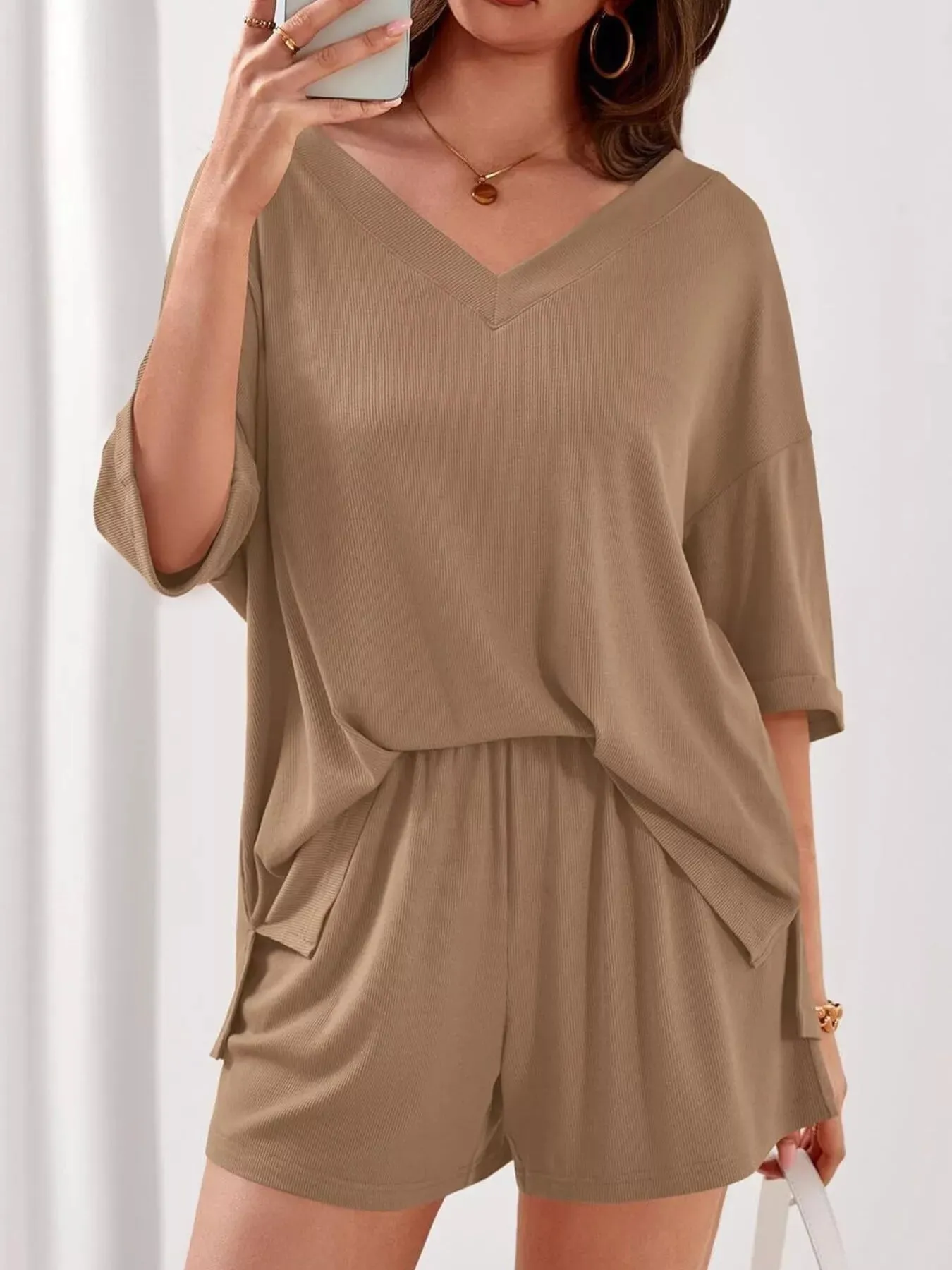 Casual Solid Color V-Neck Top & Shorts Set sold by Charming Charlie