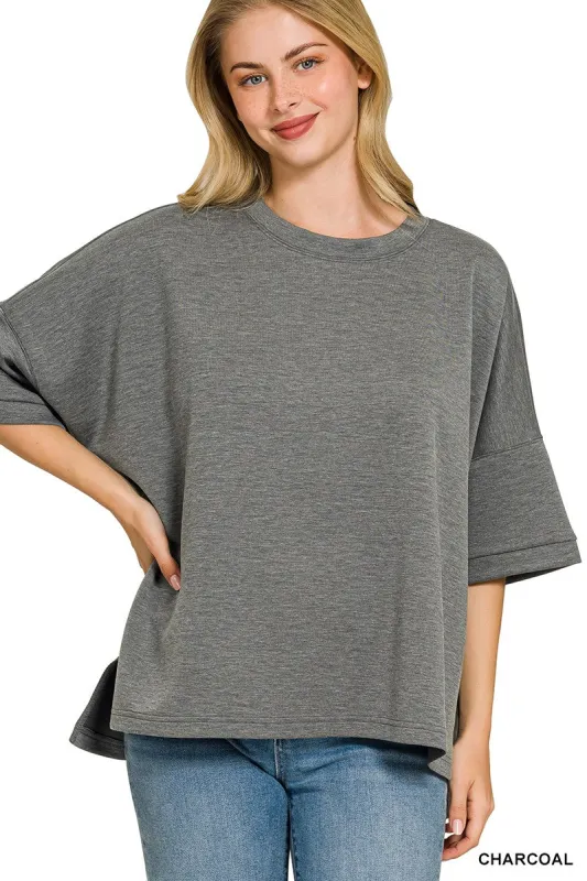 Zenana Full Size Scuba Round Neck Top With Side Slits Plus Size made by Trendsi