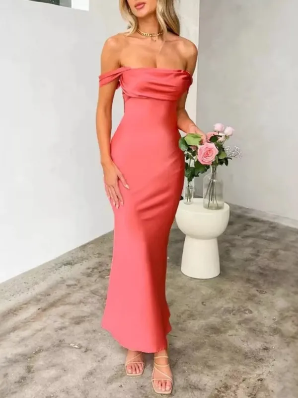 Off-Shoulder Satin Maxi Dress made by Trendsi