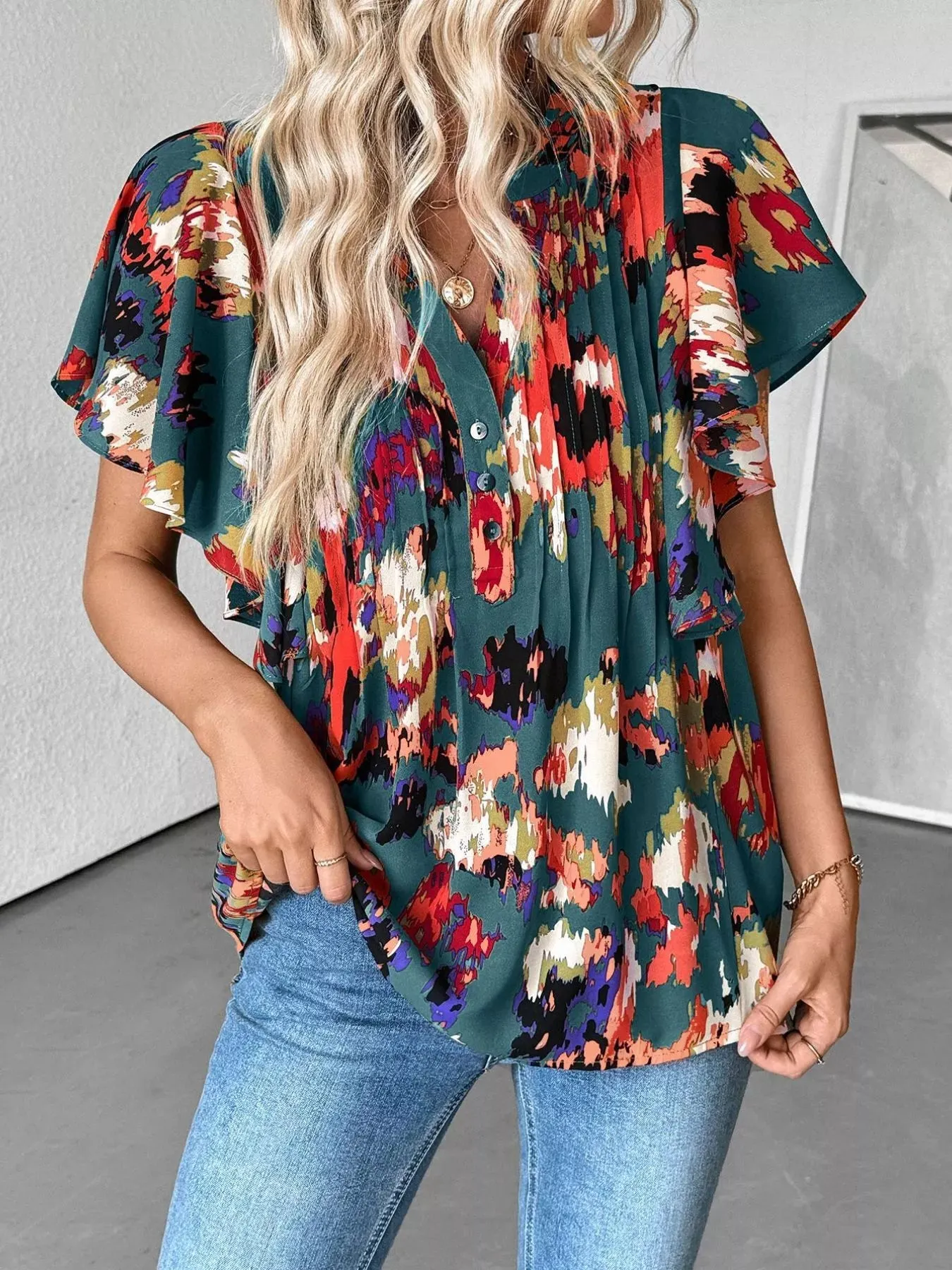 Abstract Print Ruffle Sleeve Blouse sold by Charming Charlie product image thumbnail 3