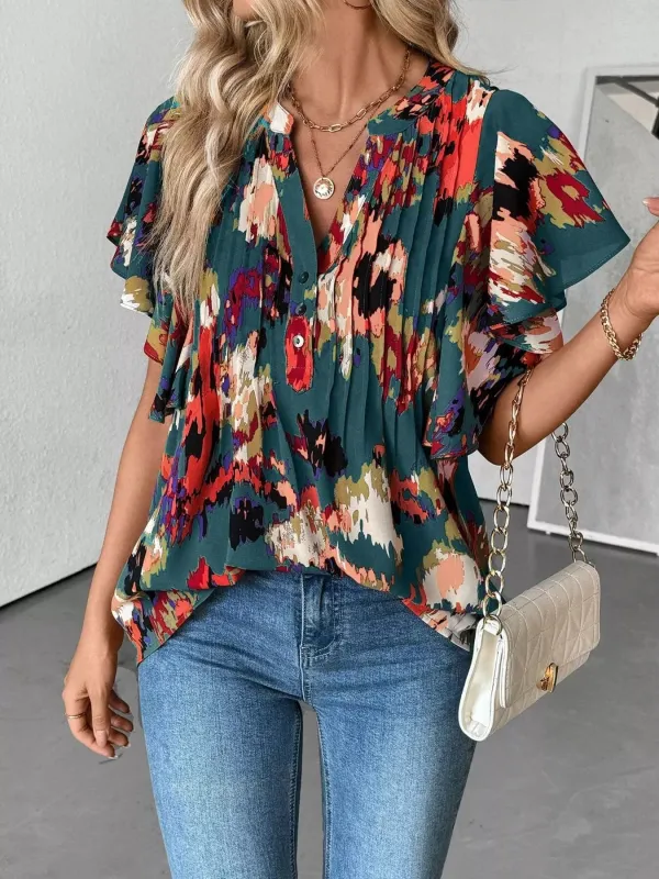 Abstract Print Ruffle Sleeve Blouse made by Trendsi