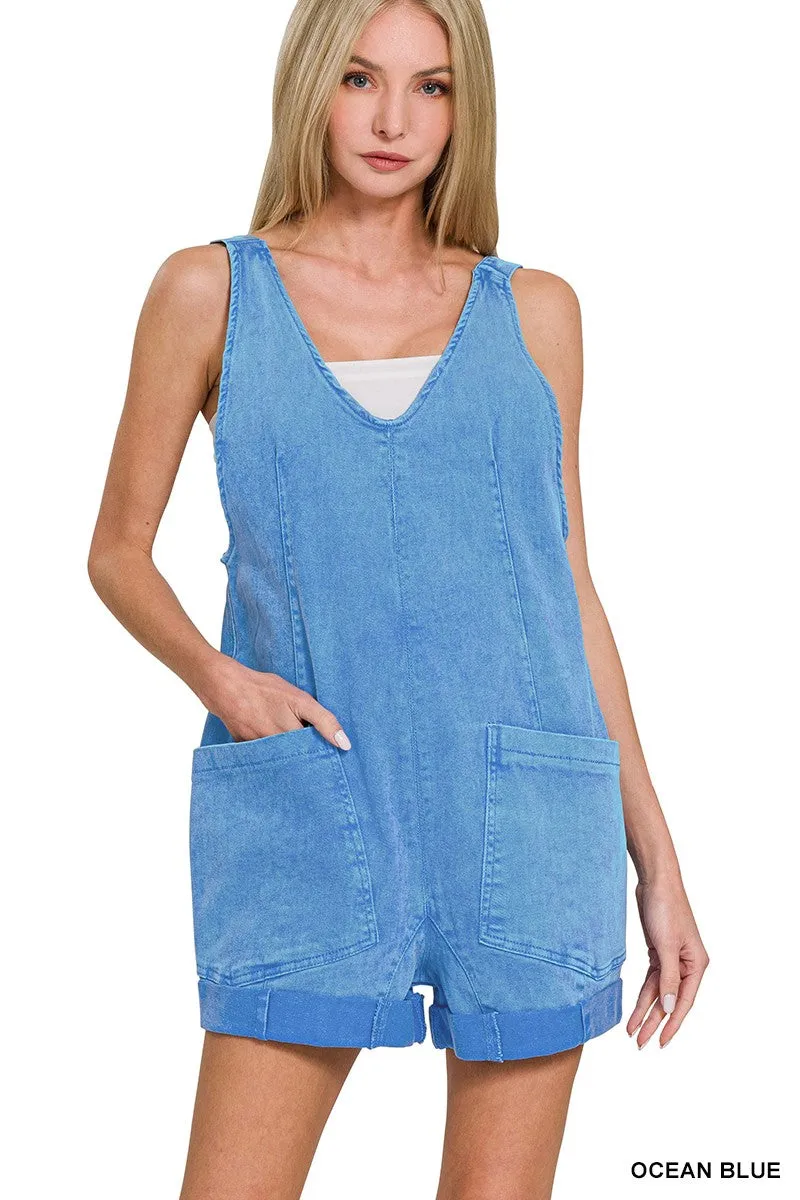 Zenana Washed Adjustable Strap Romper Denim With Pocket sold by Charming Charlie