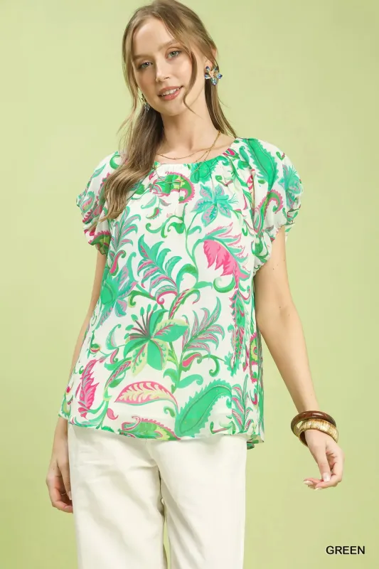 Umgee Tropical Paisley Puff Sleeve Blouse made by Trendsi