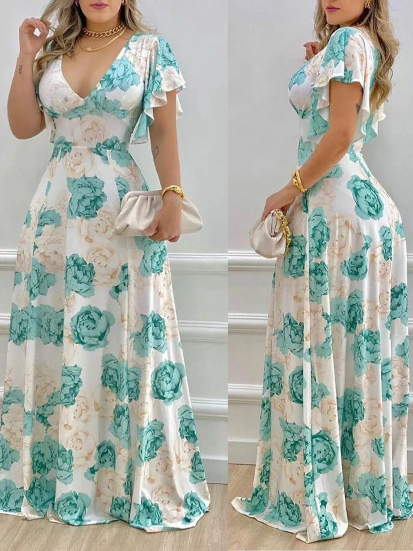 Floral Print V-Neck Ruffle Sleeve Maxi Dress sold by Charming Charlie product image thumbnail 2
