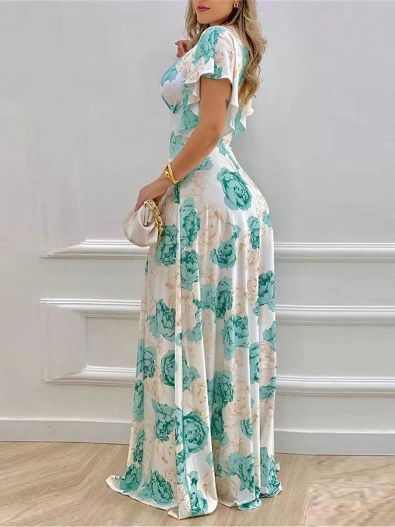 Floral Print V-Neck Ruffle Sleeve Maxi Dress sold by Charming Charlie product image thumbnail 3