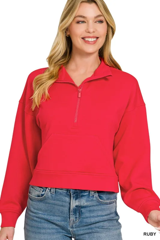 Zenana Scuba Half Zip Pullover With Kangaroo Pockets made by Trendsi