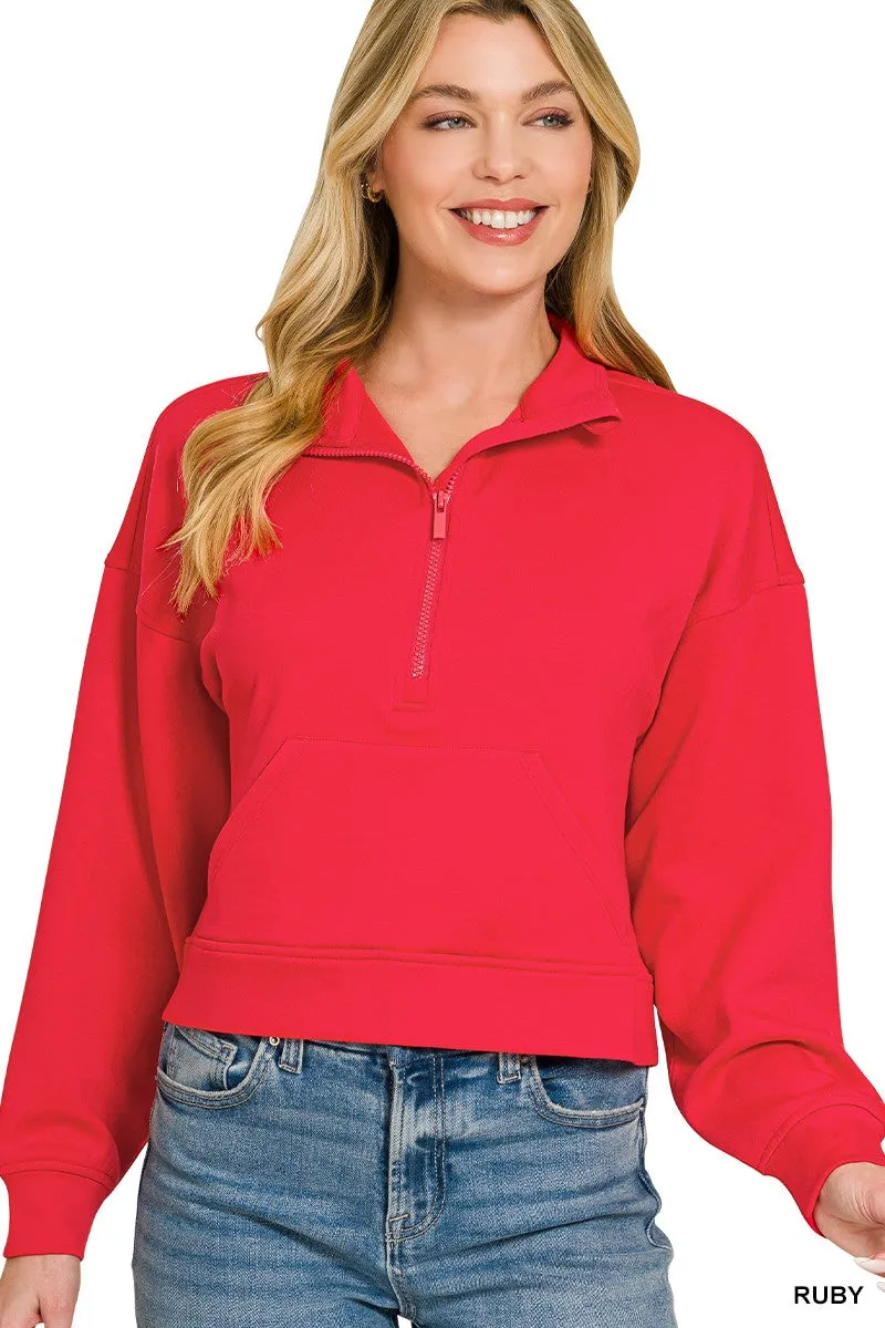 Zenana Scuba Half Zip Pullover With Kangaroo Pockets sold by Charming Charlie