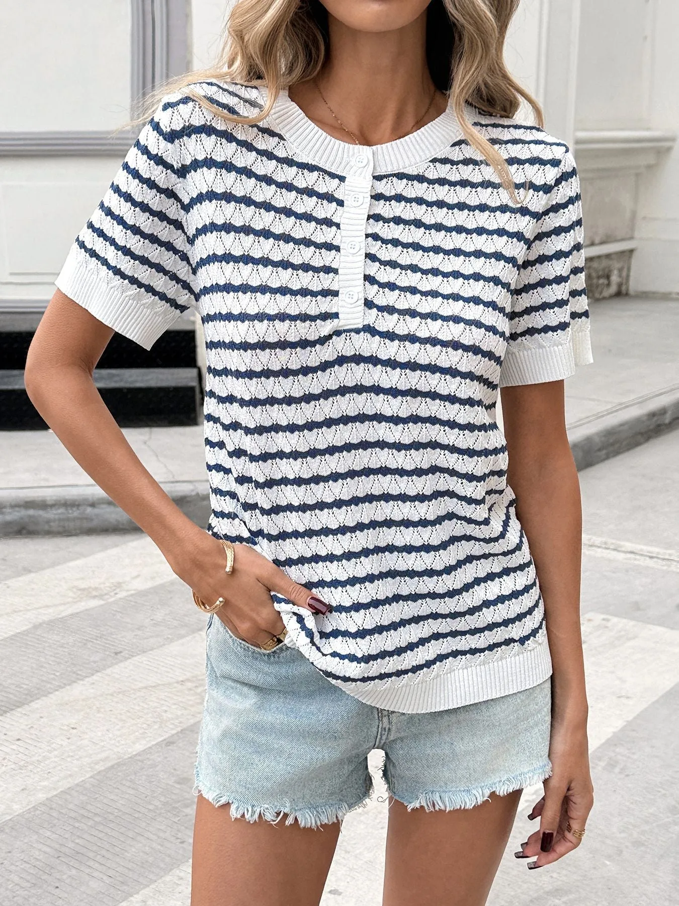 Striped Button Detail Short Sleeve Knit Top sold by Charming Charlie product image thumbnail 4