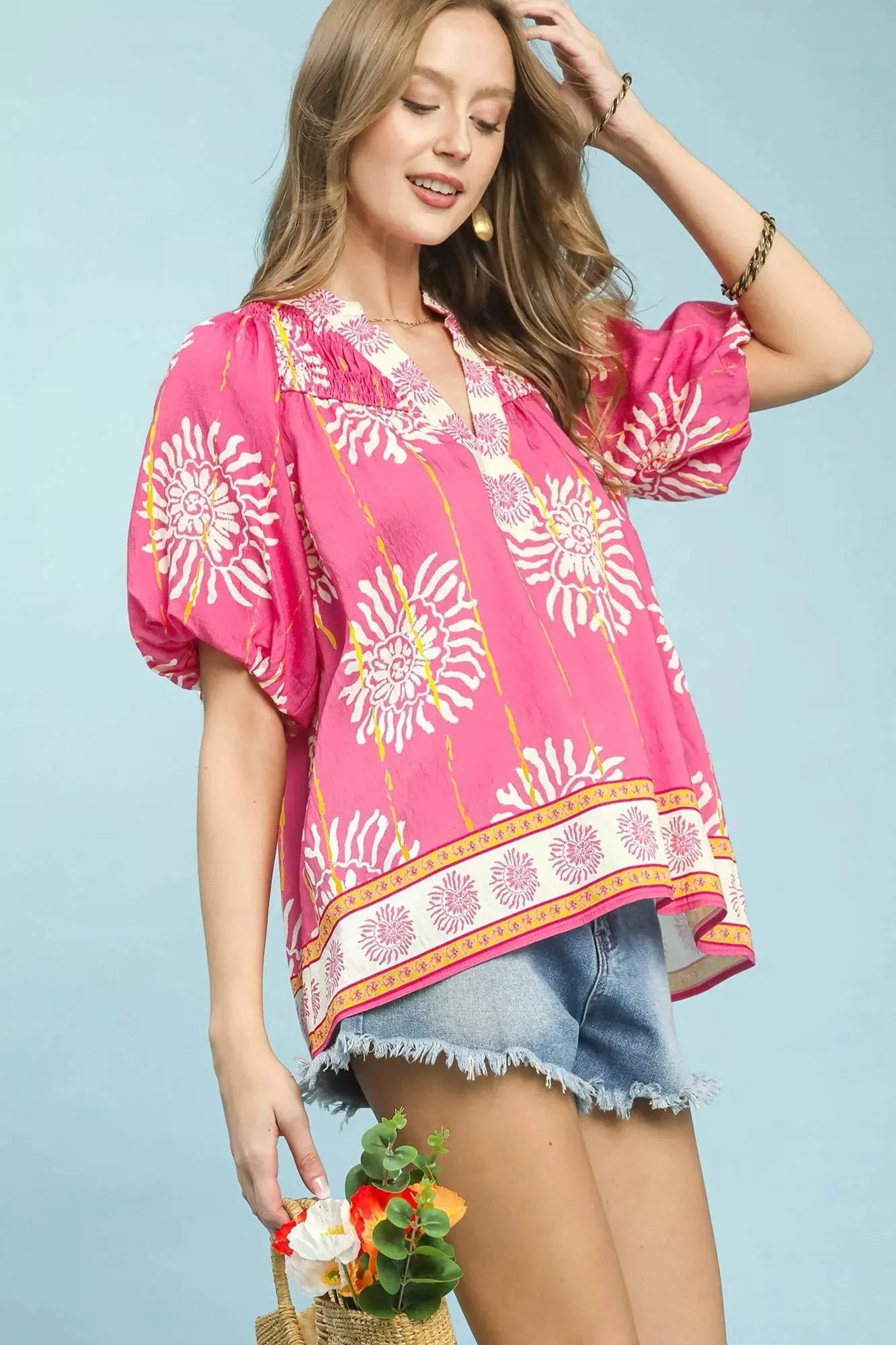 Umgee Floral Border Smocked V-Neck Boho Blouse sold by Charming Charlie product image thumbnail 2