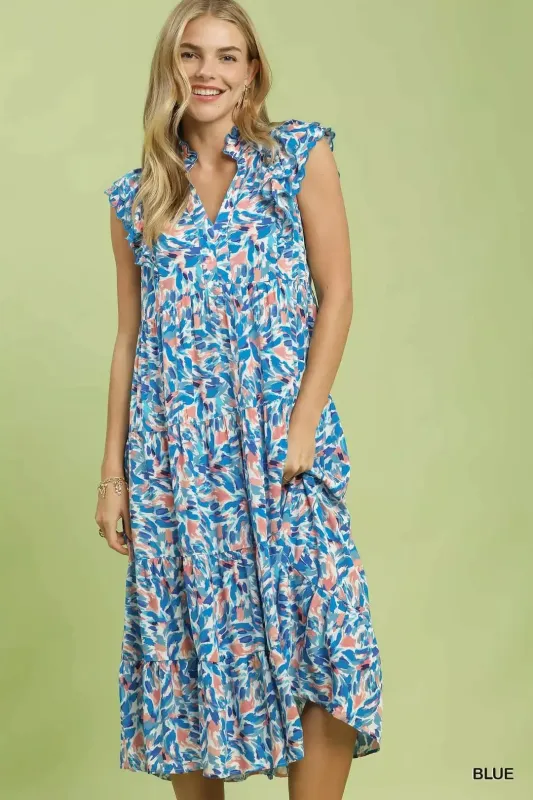 Umgee Leaf Print Midi Tiered Dress with Side Pockets made by Trendsi