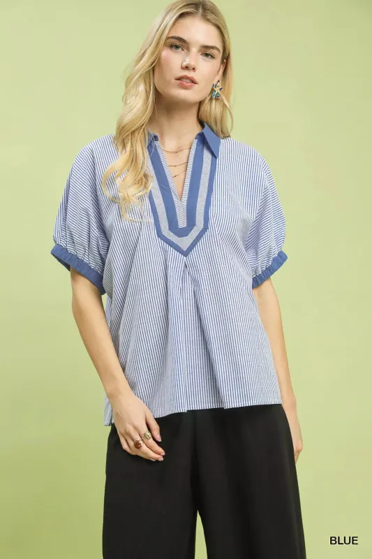 Umgee Contrast Trim Popover Stripe Top made by Trendsi