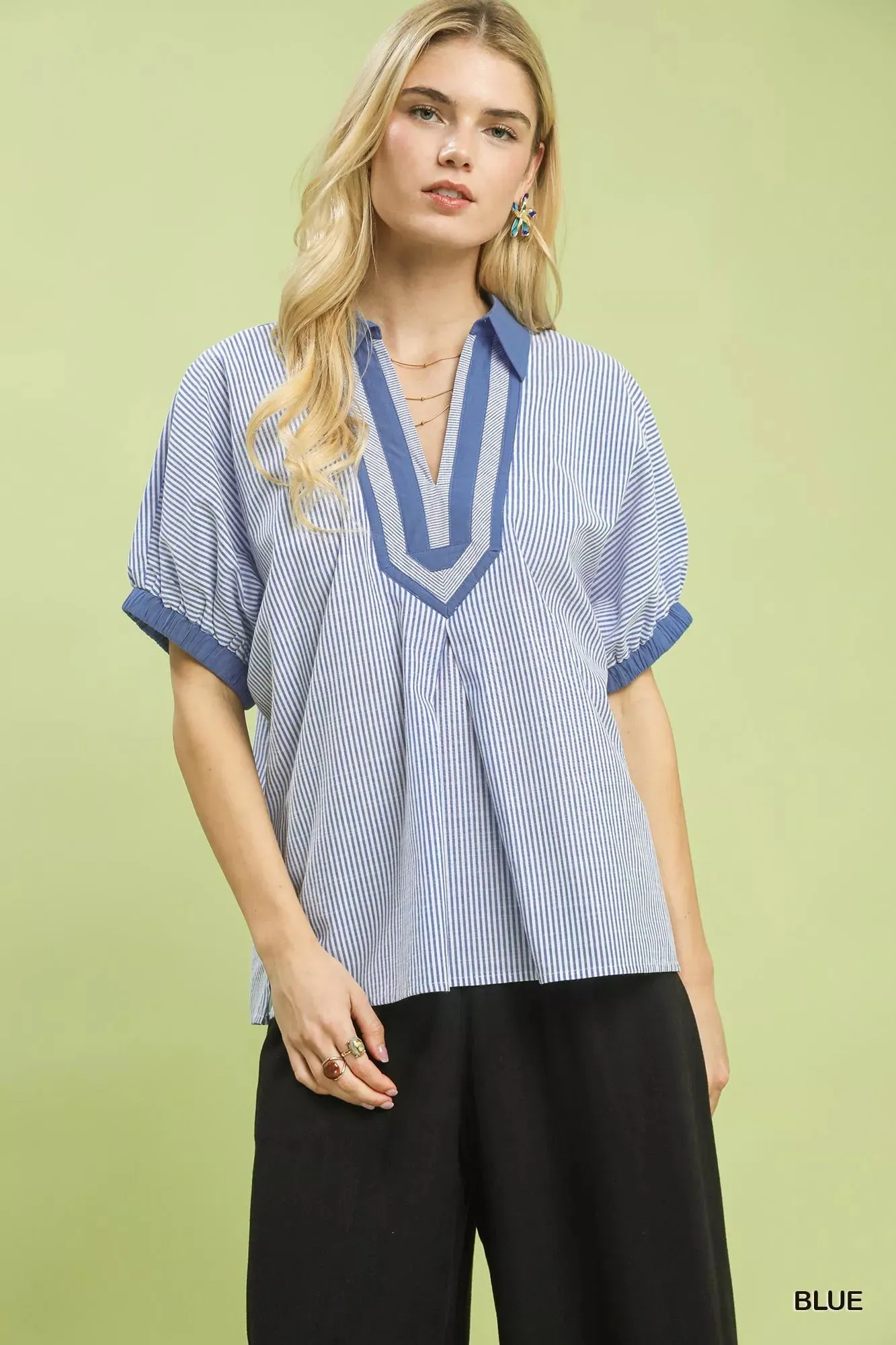 Umgee Contrast Trim Popover Stripe Top sold by Charming Charlie
