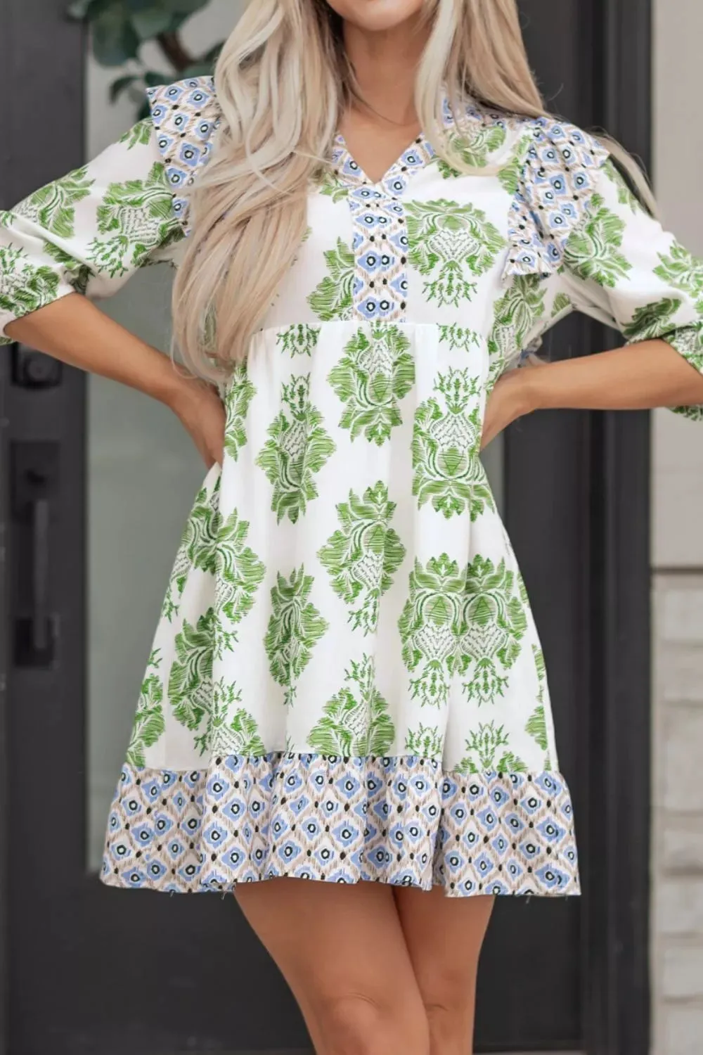 Floral Print Contrast Patchwork Ruffle Detail Mini Dress sold by Charming Charlie product image thumbnail 3