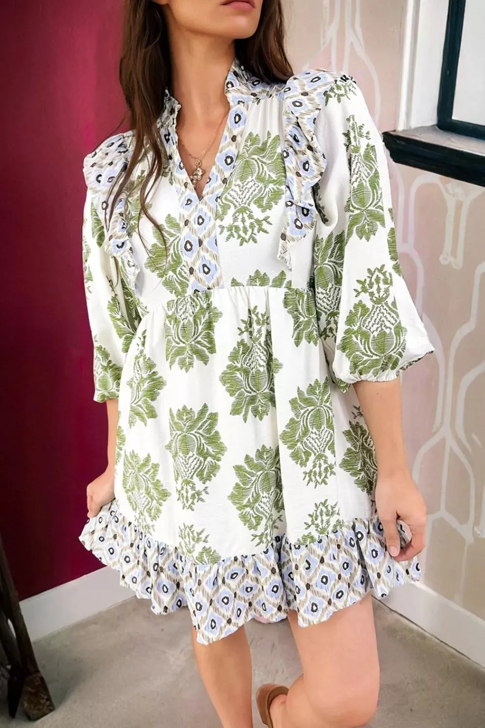 Floral Print Contrast Patchwork Ruffle Detail Mini Dress sold by Charming Charlie product image thumbnail 5