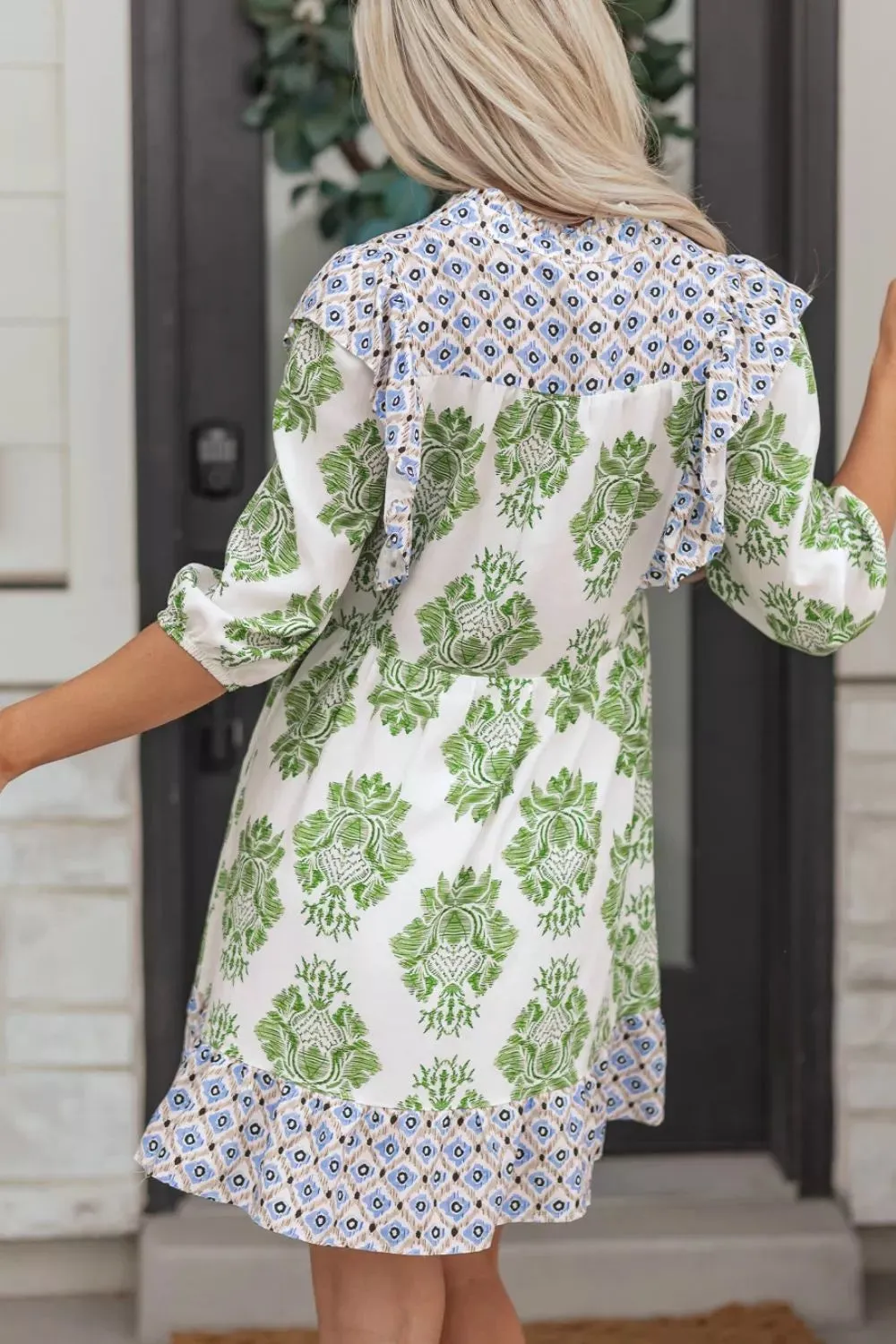 Floral Print Contrast Patchwork Ruffle Detail Mini Dress sold by Charming Charlie product image thumbnail 2