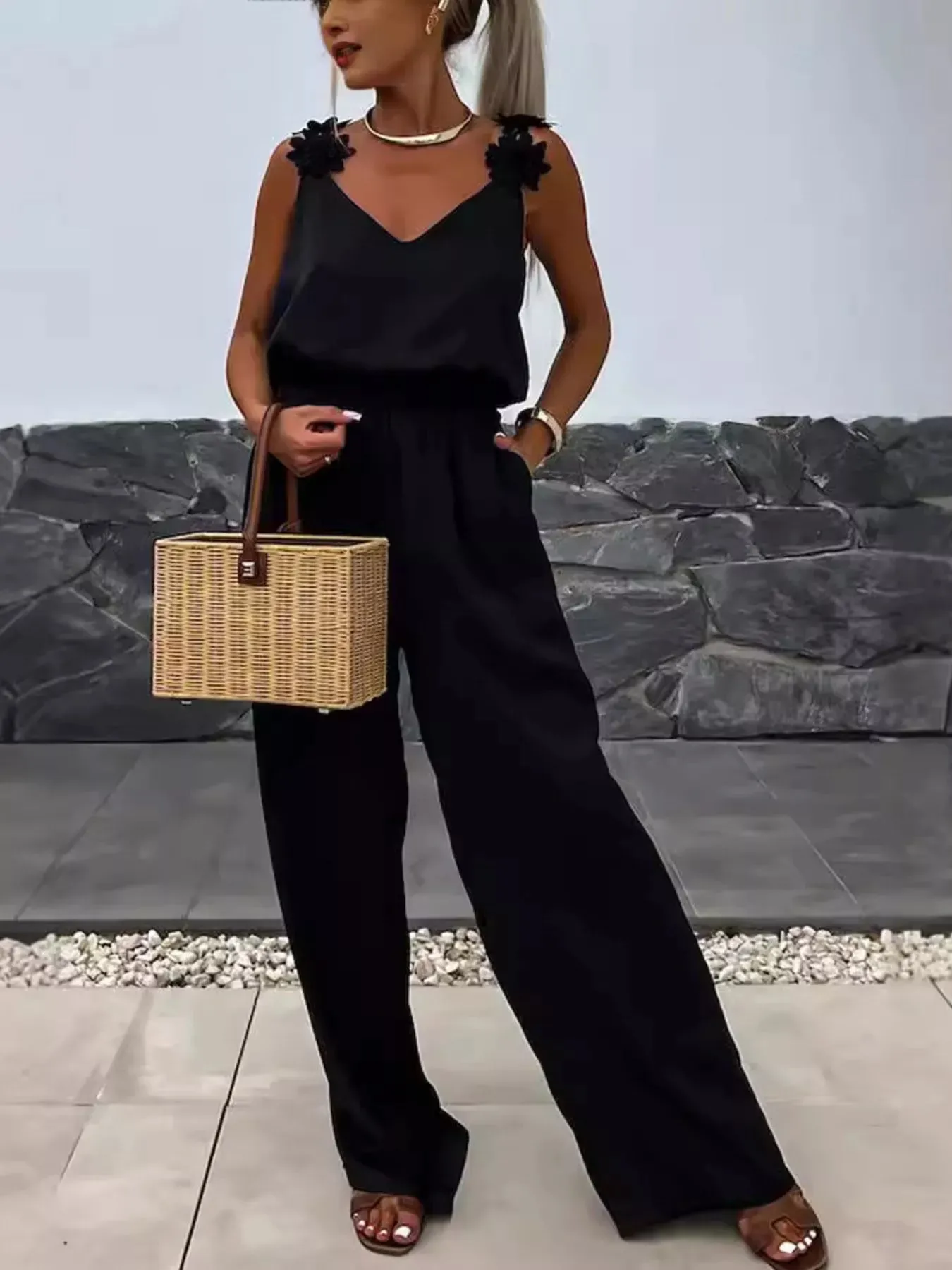 Floral Applique V-Neck Wide Leg Jumpsuit sold by Charming Charlie product image thumbnail 4