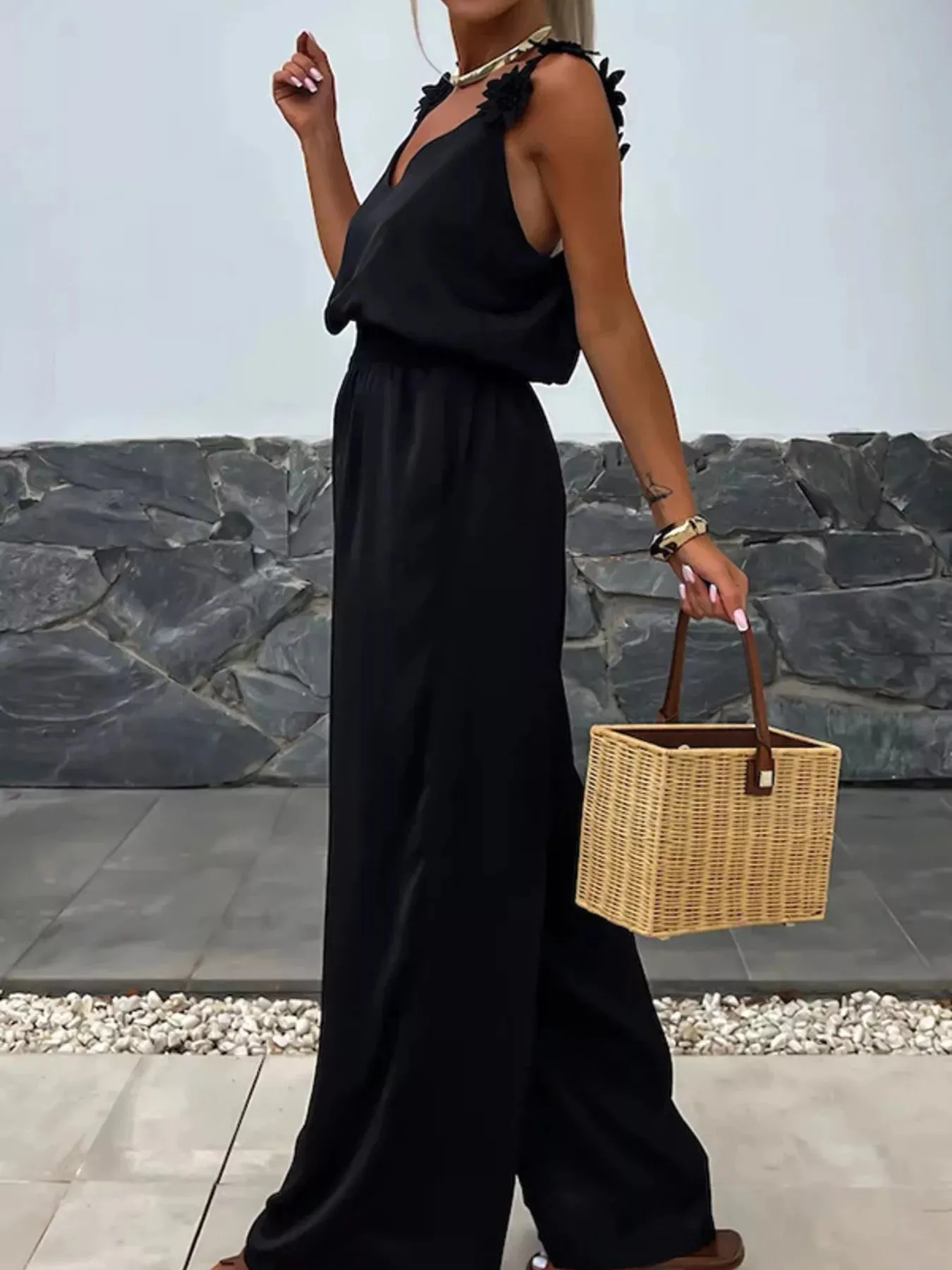 Floral Applique V-Neck Wide Leg Jumpsuit sold by Charming Charlie product image thumbnail 5
