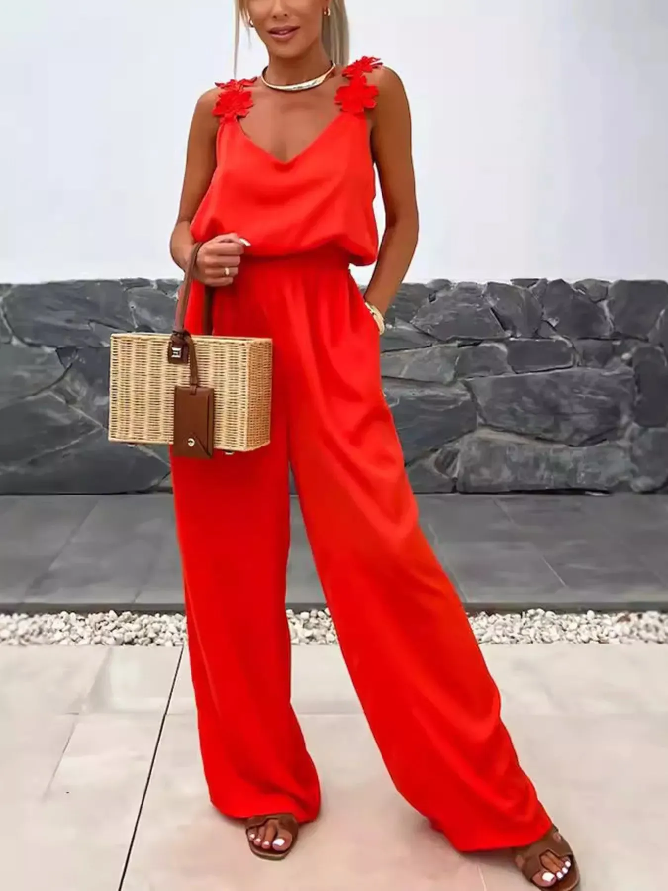 Floral Applique V-Neck Wide Leg Jumpsuit sold by Charming Charlie product image thumbnail 2