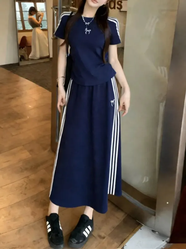 Striped Round Neck Tee and Skirt Set made by Trendsi