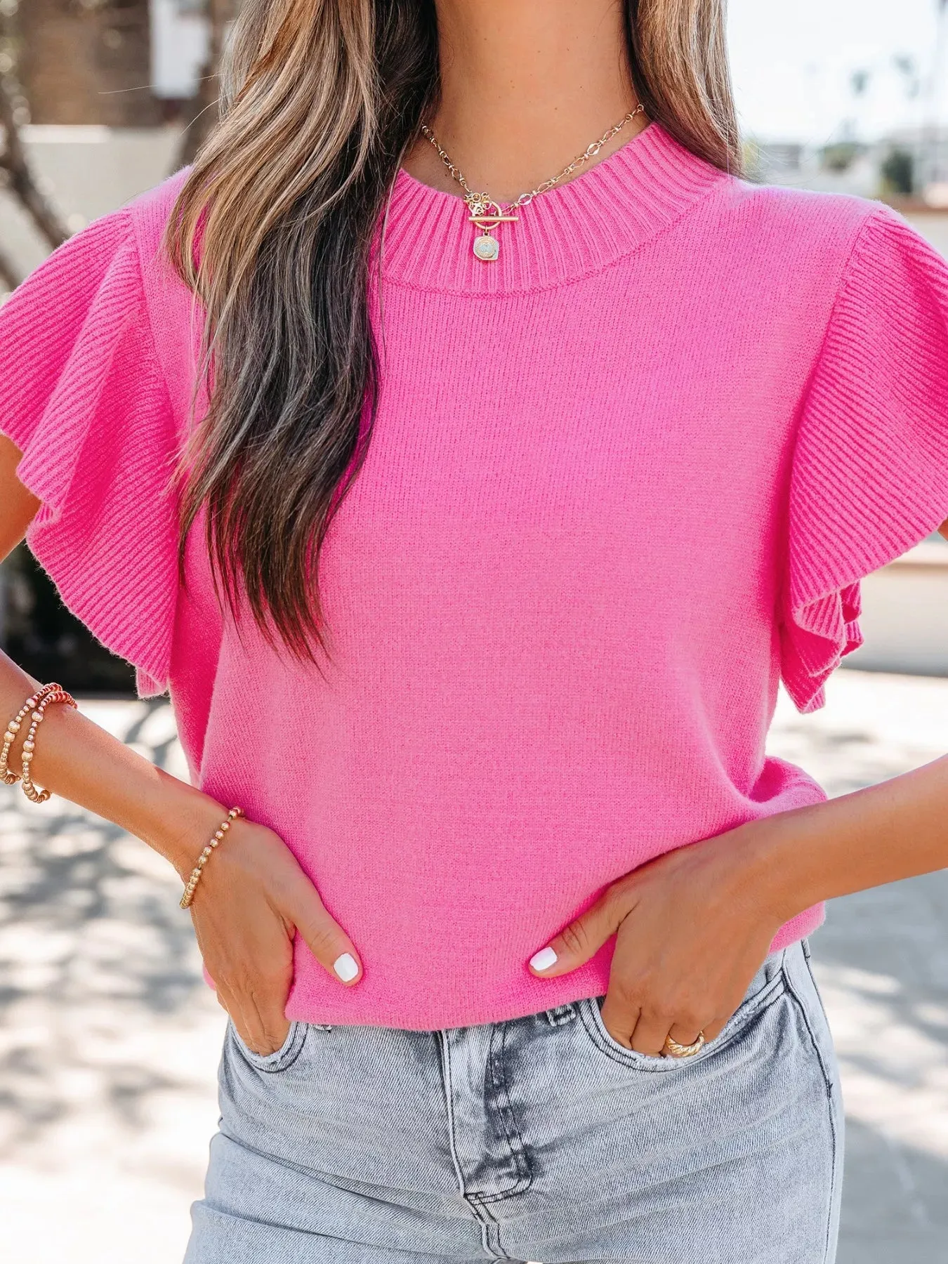Ruffle Sleeve Round Neck Sweater sold by Charming Charlie product image thumbnail 4