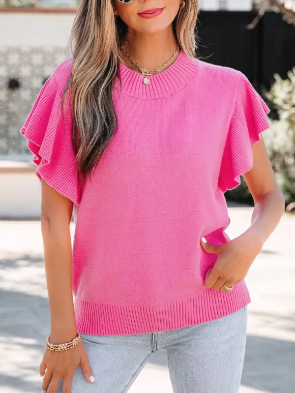 Ruffle Sleeve Round Neck Sweater made by Trendsi