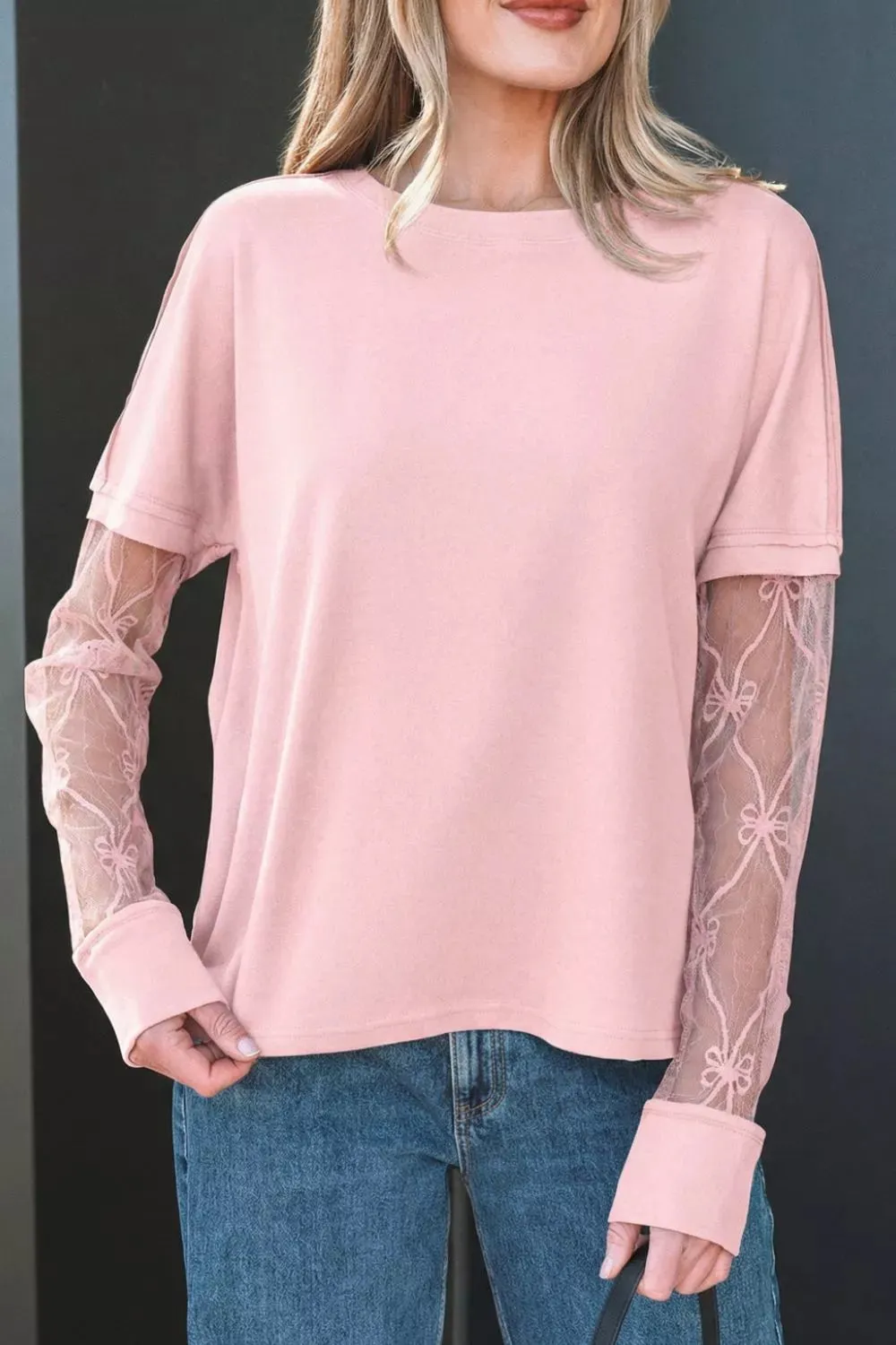 Solid Color Bow Textured Patchwork Long Sleeve Tee sold by Charming Charlie product image thumbnail 3