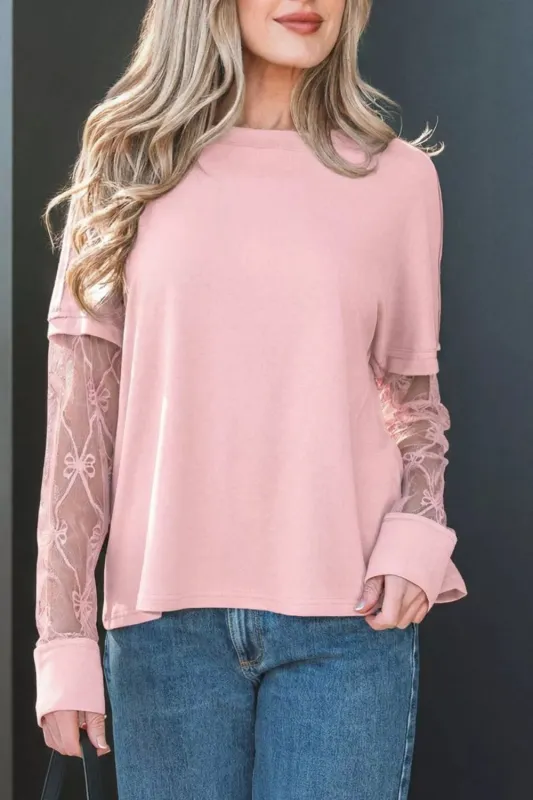Solid Color Bow Textured Patchwork Long Sleeve Tee made by Trendsi