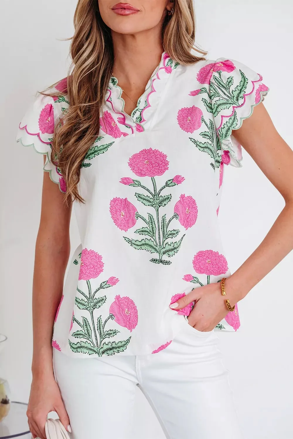 Contrast Scallop Trim Layered Short Sleeve V Neck Blouse sold by Charming Charlie