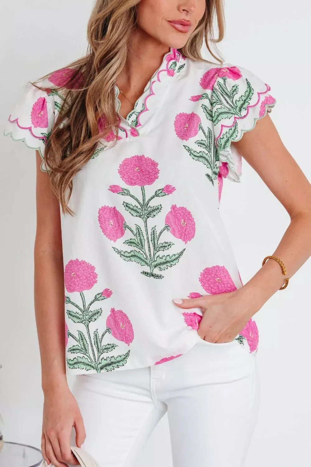 Contrast Scallop Trim Layered Short Sleeve V Neck Blouse sold by Charming Charlie product image thumbnail 2