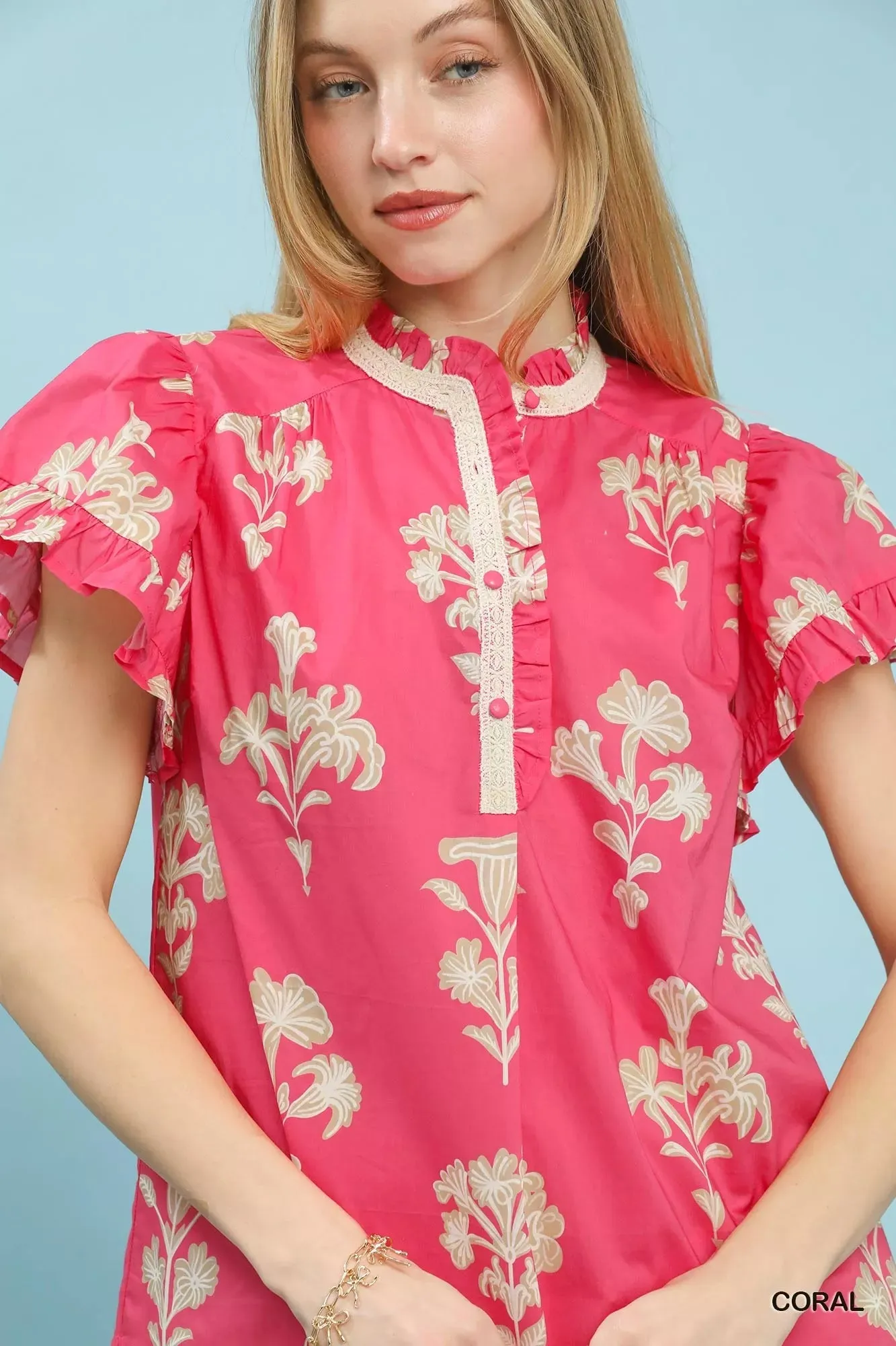 Umgee Floral Ruffle Sleeve Split-Neck Top sold by Charming Charlie product image thumbnail 4