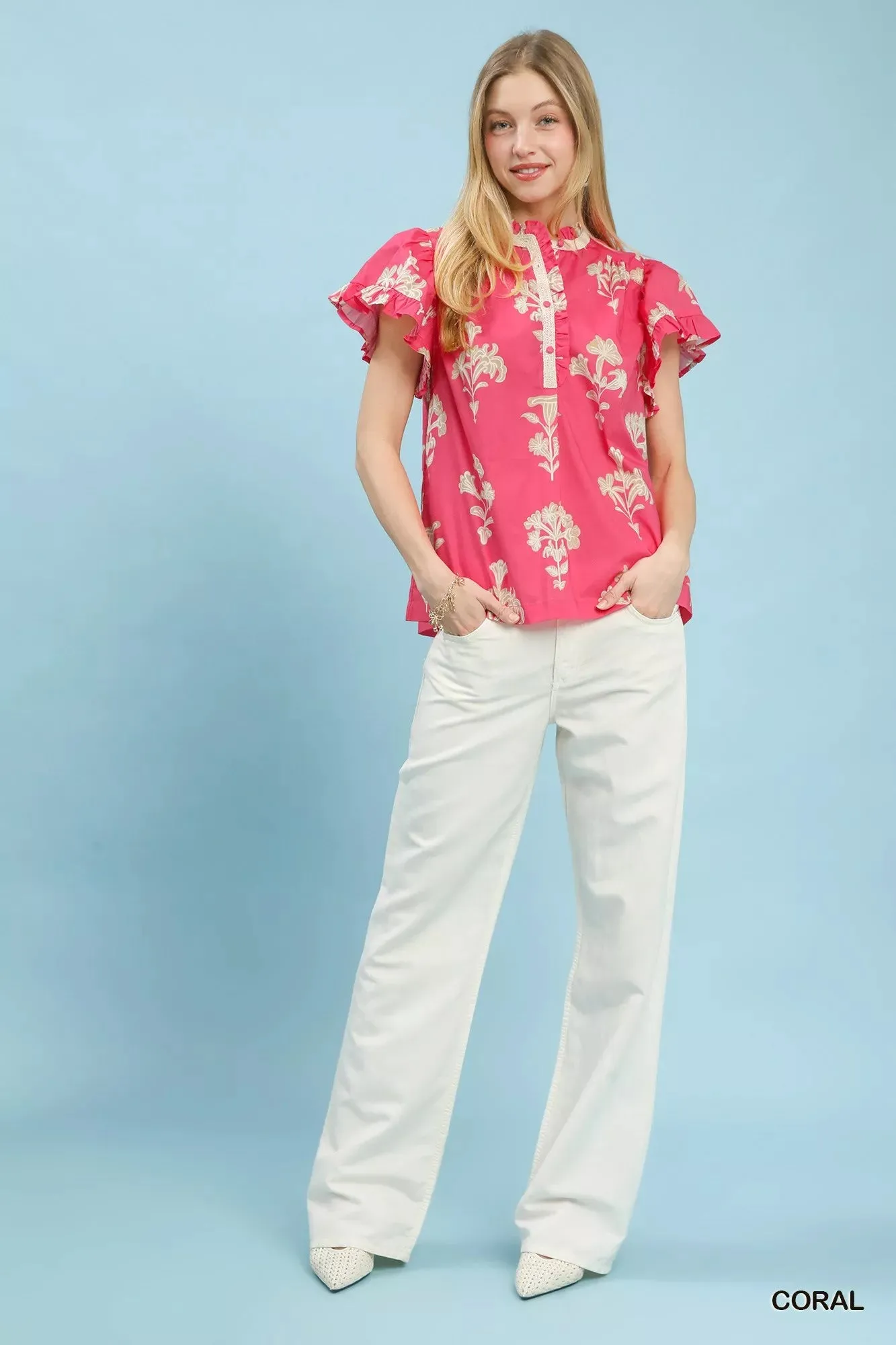 Umgee Floral Ruffle Sleeve Split-Neck Top sold by Charming Charlie product image thumbnail 5
