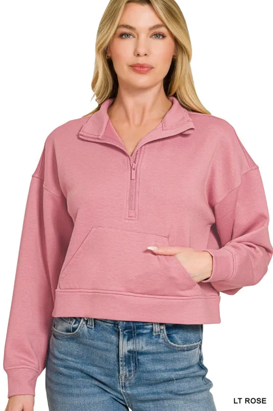 Zenana Scuba Half Zip Pullover With Kangaroo Pockets made by Trendsi