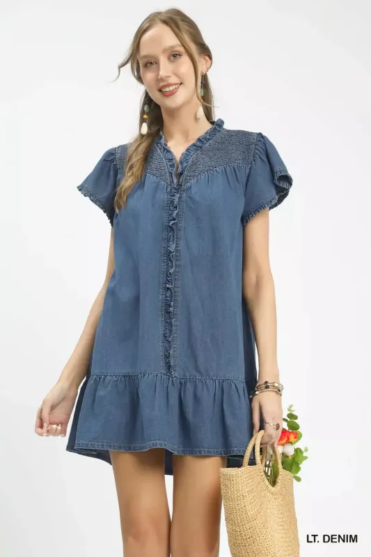 Umgee Ruffled Washed Denim Dress made by Trendsi