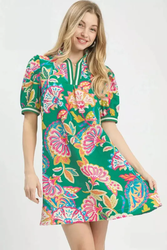 Umgee Jacquard Paisley Print Puff Sleeve Tunic Dress made by Trendsi