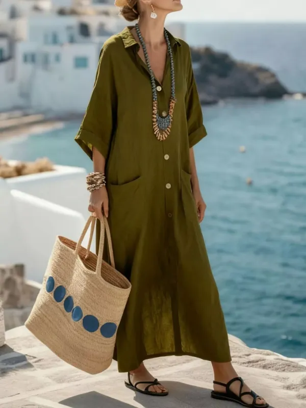 Button Front 3/4 Sleeve Maxi Dress made by Trendsi