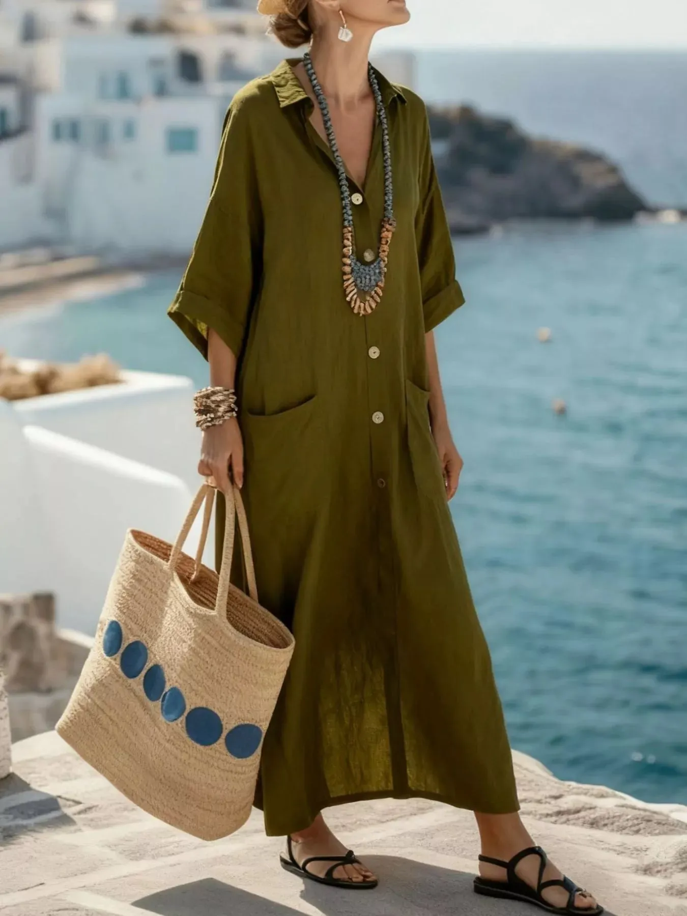 Button Front 3/4 Sleeve Maxi Dress sold by Charming Charlie