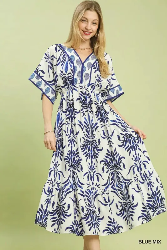 Umgee Mix Floral Border Midi Dress with Pockets made by Trendsi