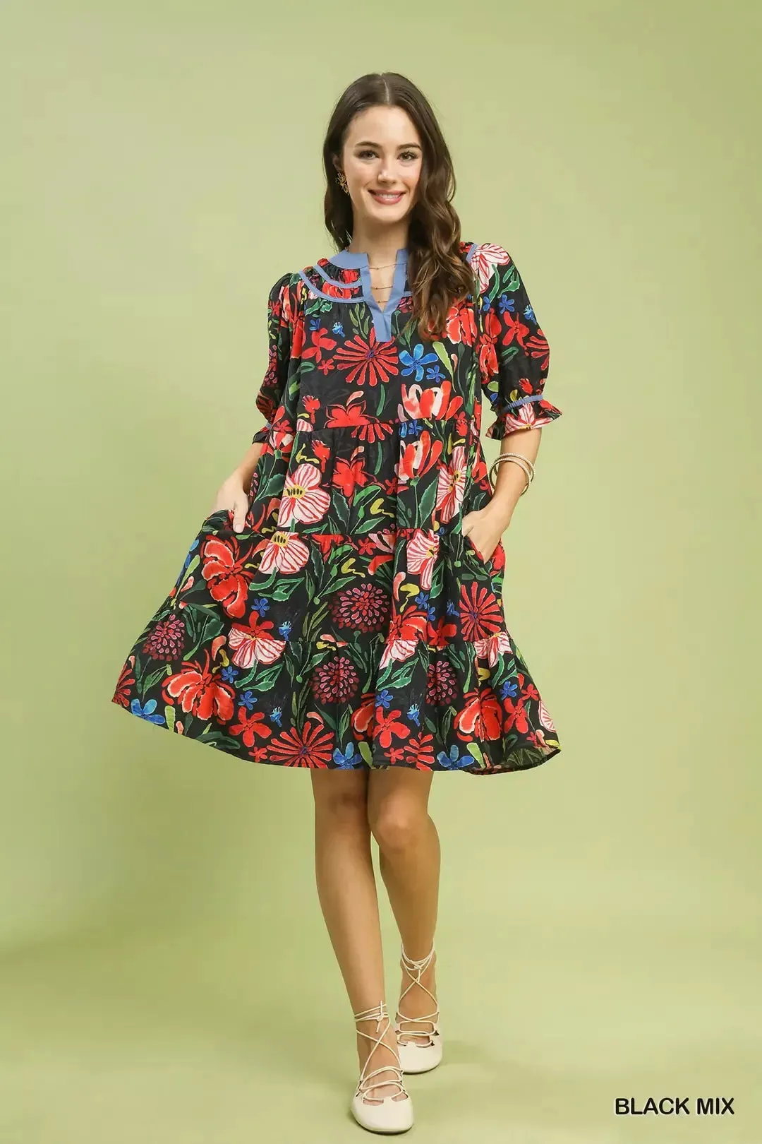Umgee Floral Tiered Puff Sleeve Dress sold by Charming Charlie product image thumbnail 5