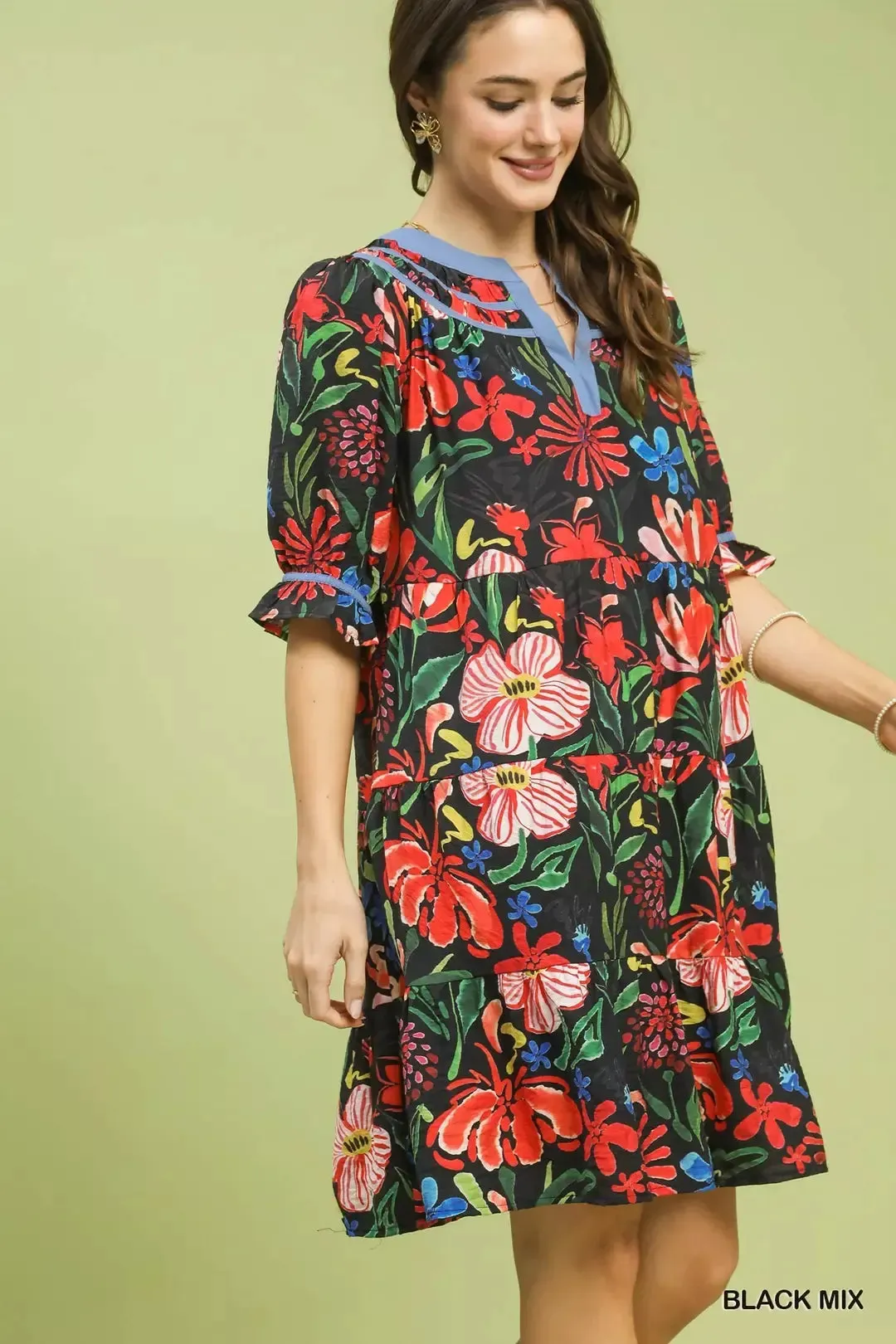 Umgee Floral Tiered Puff Sleeve Dress sold by Charming Charlie product image thumbnail 2