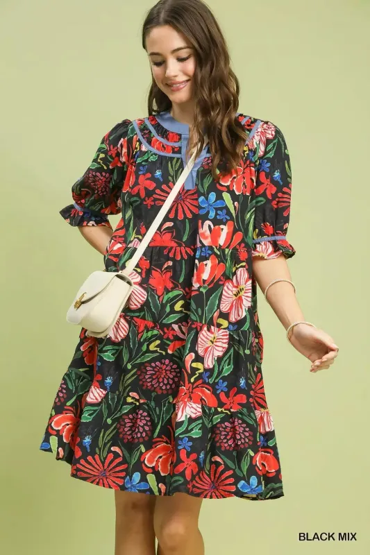 Umgee Floral Tiered Puff Sleeve Dress made by Trendsi