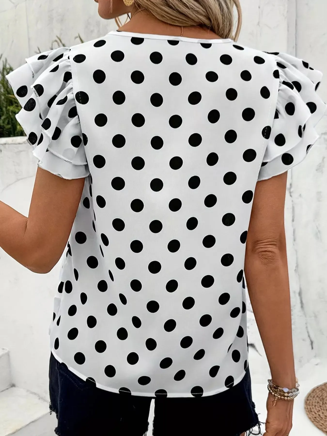Polka Dot Print Ruffled Short Sleeve Blouse sold by Charming Charlie product image thumbnail 2