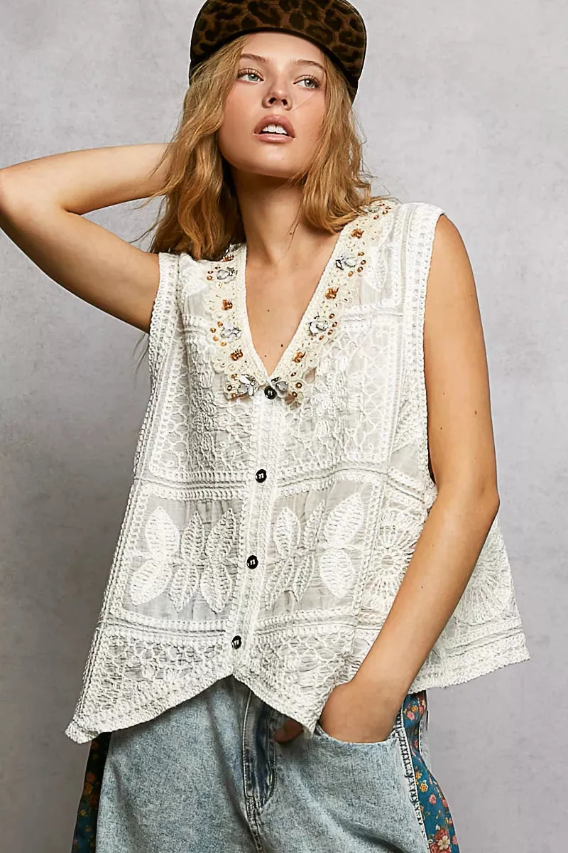 POL Lace Trim Embroidered Floral V-Neck Crochet Vest sold by Charming Charlie product image thumbnail 2